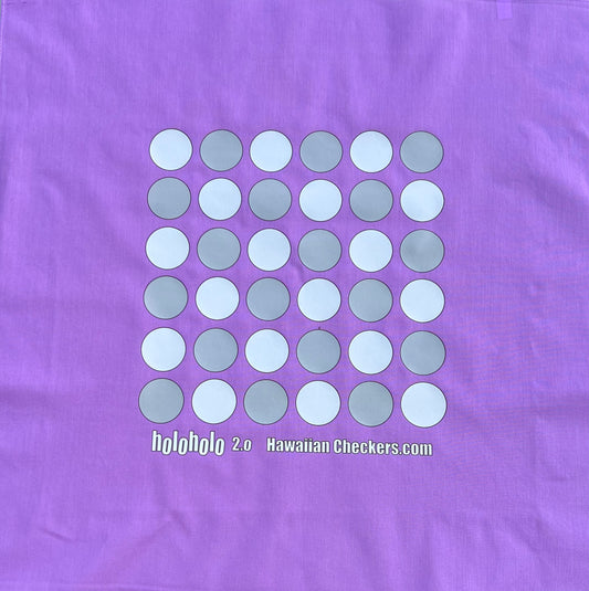 Purple fabric with a pattern of white and gray circles and text 'holoholo 2.0 Hawaiian Checkers.com'.