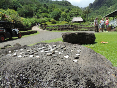 Large flat top rock with indentions filled with black and white pebbles for playing konane