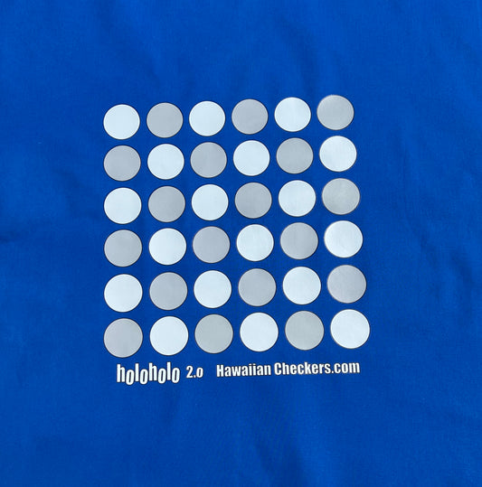 A festive royal colored cotton fabric board displaying Holoholo 2.0 Papamū ready to play Konane.
